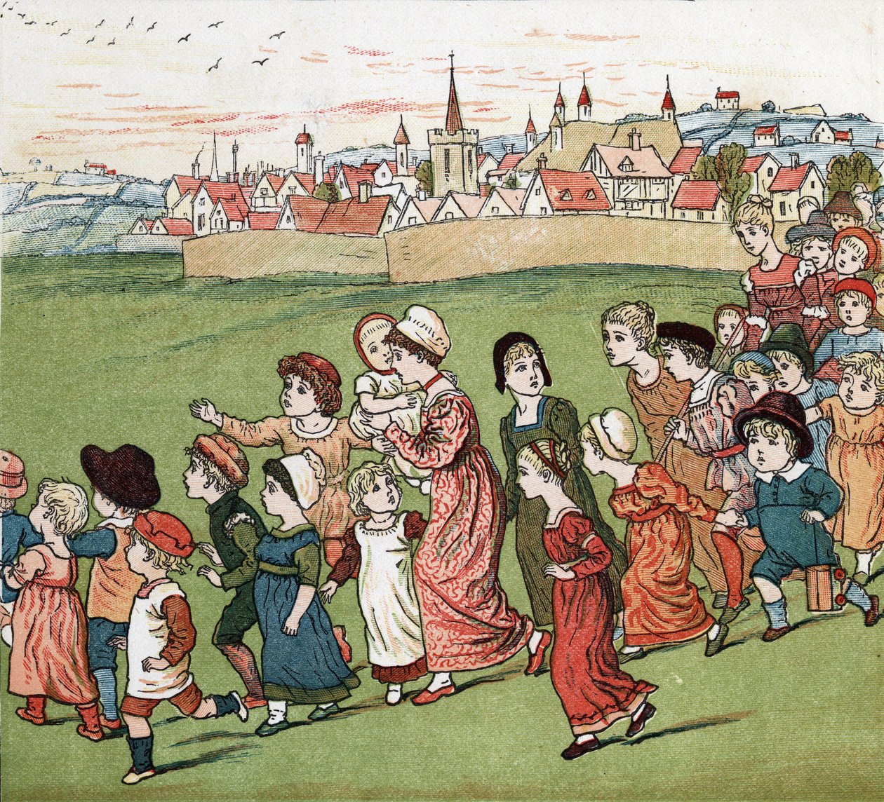 En skara mödrar och barn flyr från byn. Illustration av Kate Greenaway (1846-1901) från boken med sagor och barnvisor för barn "" Under The Window" (1879), redigerad av Edmund Evans. av Kate Greenaway