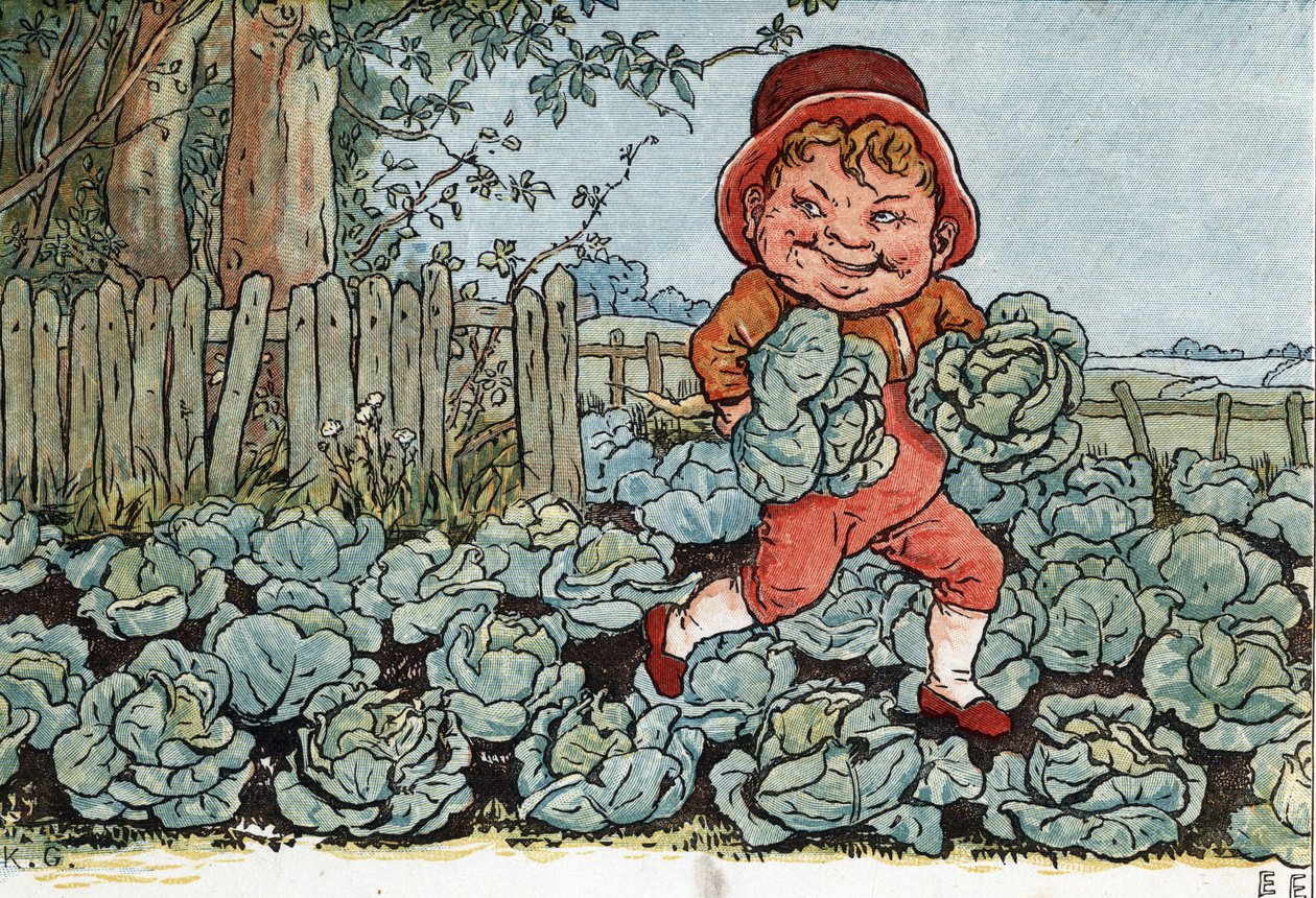 En tomte stjäl kål från en grönsaksträdgård. (En troll stjäl kål). Illustration av Kate Greenaway (1846-1901) från boken med sagor och barnvisor för barn "" Under The Window" (1879), redigerad av Edmund Evans. av Kate Greenaway