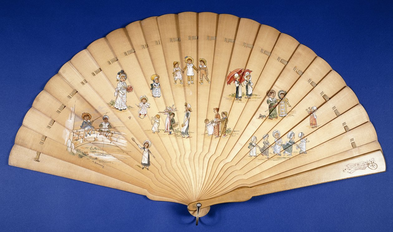 En stor Brise-fläkt i trä målad i färger med grupper av barn vid olika sysselsättningar, av Kate Greenaway