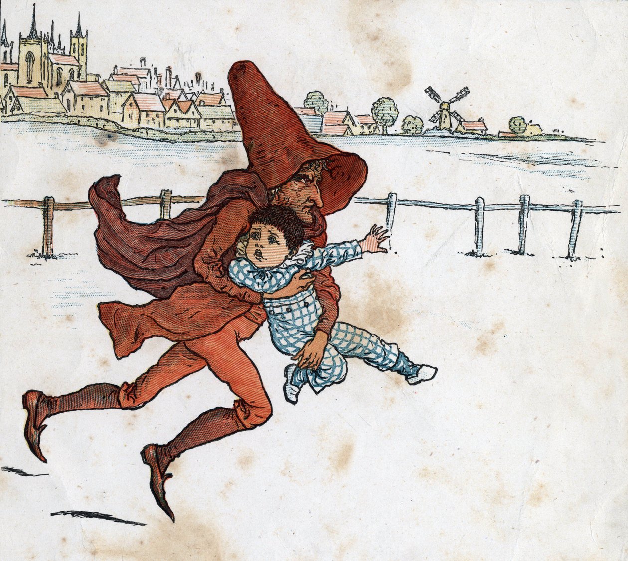 En leprechaun tar ett litet barn. Illustration av Kate Greenaway (1846-1901) från barnsagoboken "" Under The Window"" (1879), redigerad av Edmund Evans. av Kate Greenaway