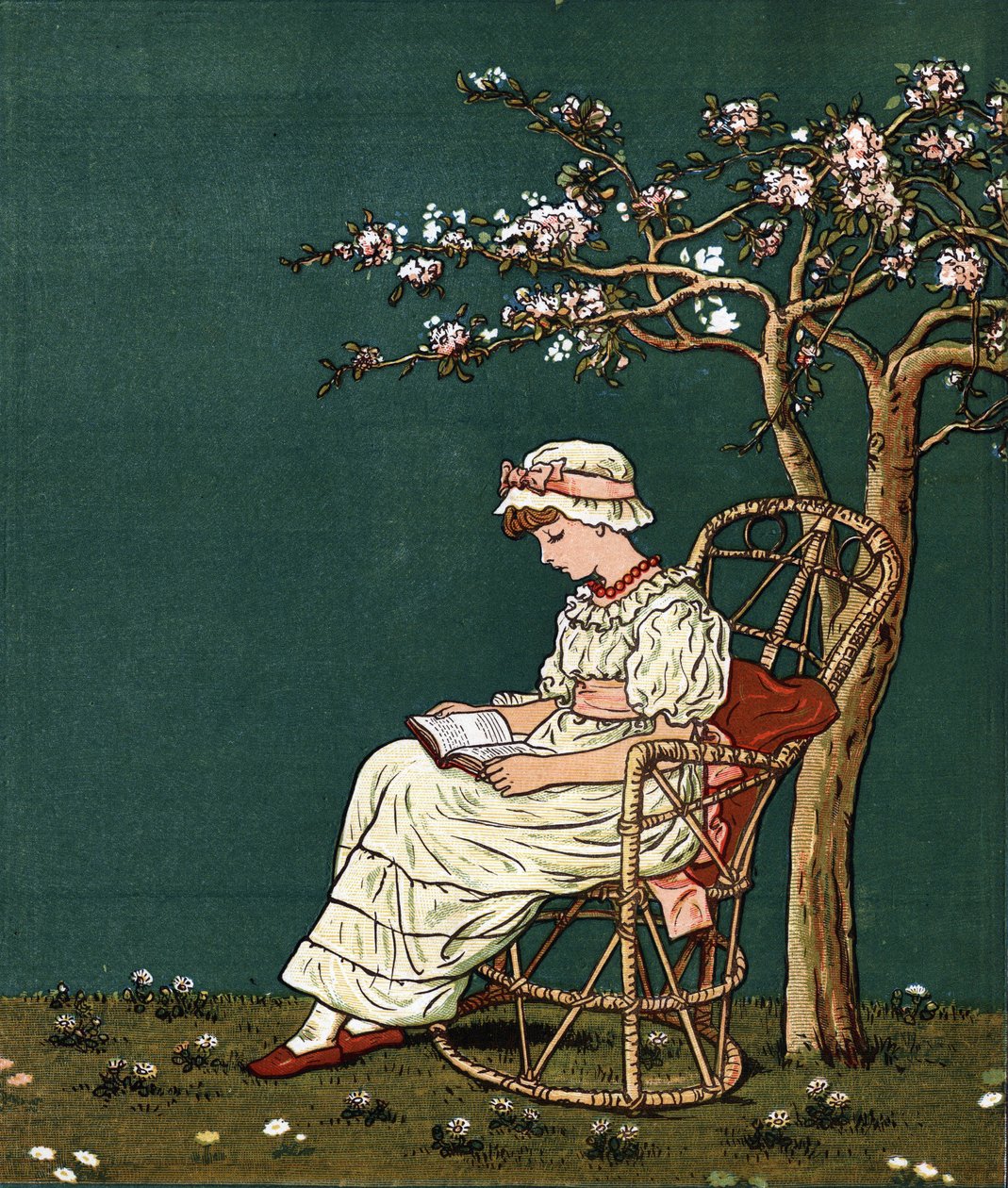 En liten flicka som läser under en syren. Illustration av Kate Greenaway (1846-1901) från boken med sagor och barnvisor för barn "" Under The Window" (1879), redigerad av Edmund Evans. av Kate Greenaway