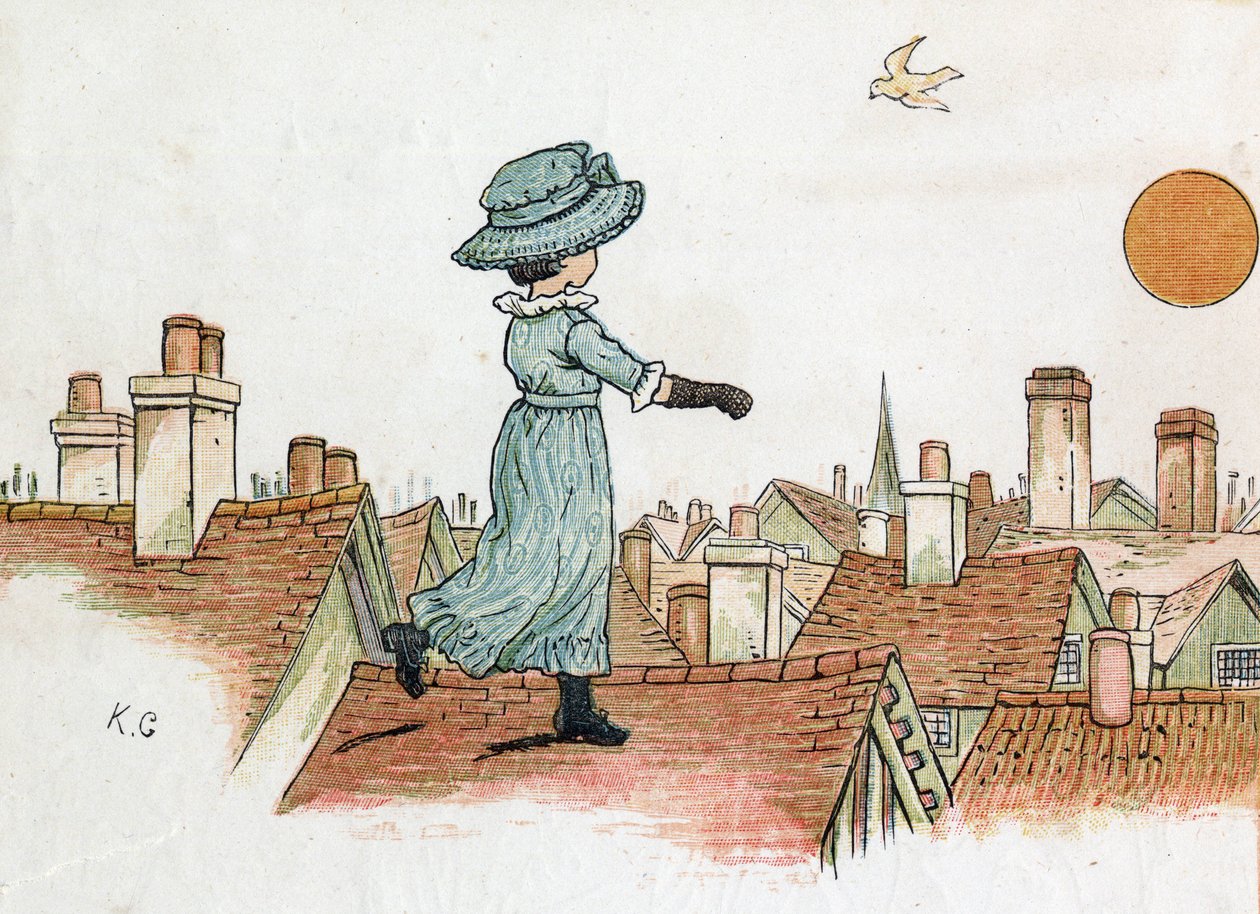 En liten flicka som går på taken i en stad tidigt på morgonen mot solen. Illustration av Kate Greenaway (1846-1901) från boken med sagor och barnvisor för barn "" Under The Window" (1879), redigerad av Edmund Evans. av Kate Greenaway