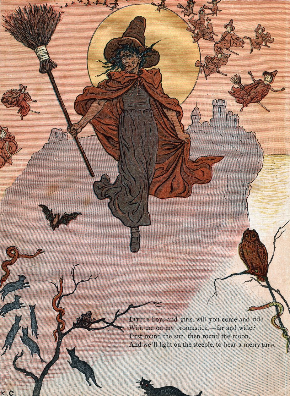En häxa och hennes kvast omgiven av svarta katter, fladdermus och uggla. (Små pojkar och flickor, kommer ni och rider med mig på mitt kvastskaft?) ) Illustration av Kate Greenaway (1846-1901) från boken med sagor och barnvisor för barn "" Under The Window" av Kate Greenaway