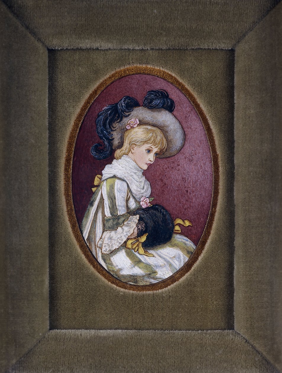 Ovalt porträtt av en blond tjej som bär en plymerad hatt med händerna inuti sin muff av Kate Greenaway