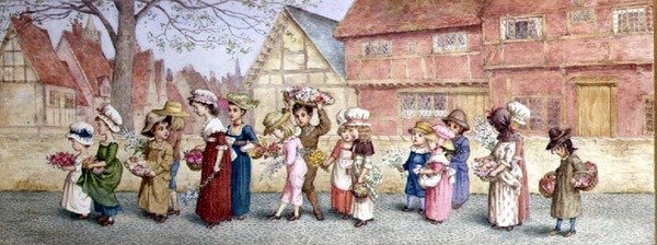 Procession av sexton barn som bär blommor, ca 1876 (akvarell på papper) av Kate Greenaway