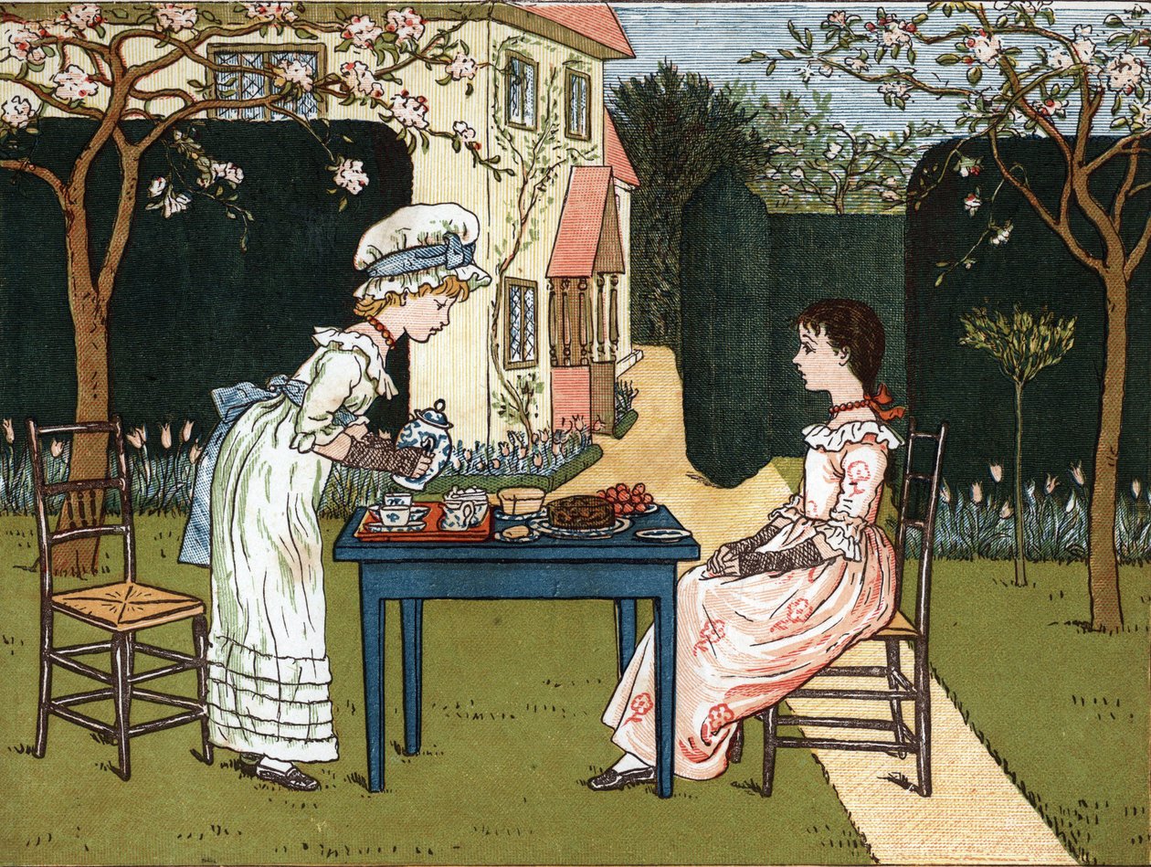 Tid på dygnet: två unga flickor som provar det i en trädgård. Illustration av Kate Greenaway (1846-1901) från boken med sagor och barnvisor för barn "" Under The Window" (1879), redigerad av Edmund Evans. av Kate Greenaway