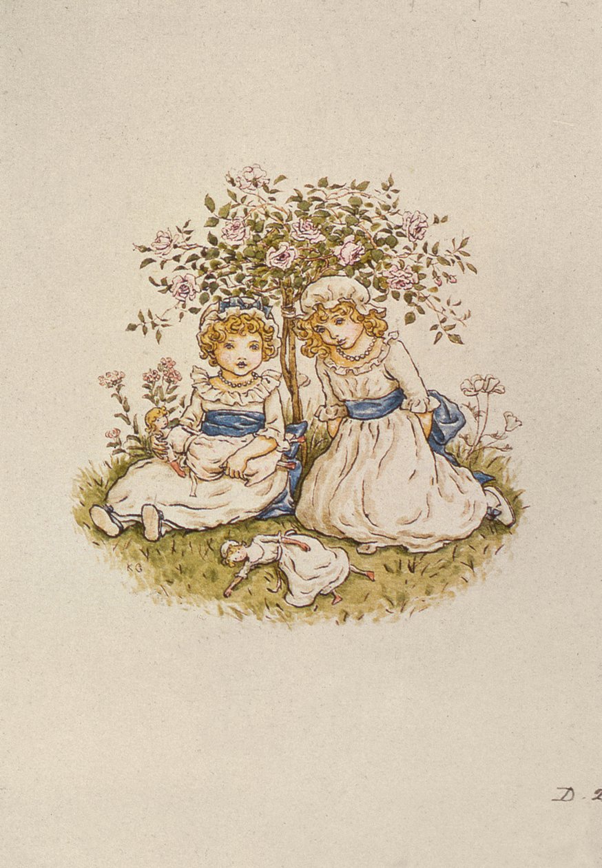 Två flickor med dockor som sitter under en rosenbuske, 1800-talet av Kate Greenaway