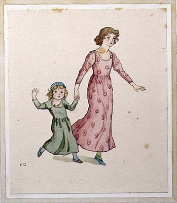 Två små flickor i festklänningar (akvarell på papper) av Kate Greenaway