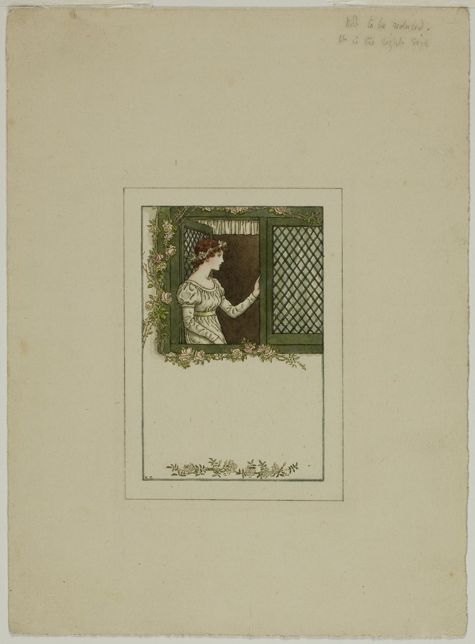 Kvinna vid spröjsat fönster av Kate Greenaway