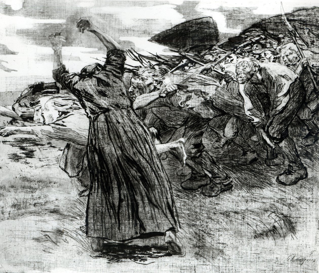 Utbrottet, tavla 5 från serien "Bondeupproret", 1908 (etsning och gravyr) av Käthe Kollwitz