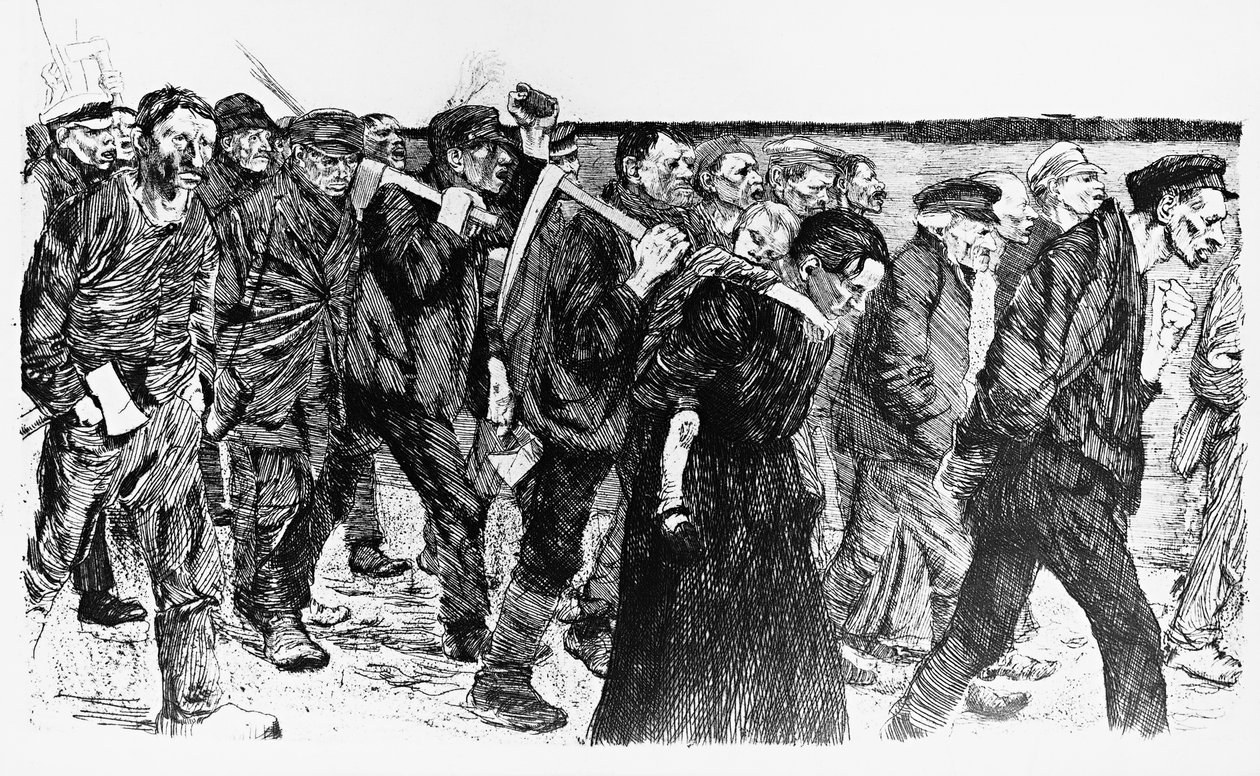 Demonstration av arbetare, illustration av Kathe Kollwitz (1867-1945) för operan Die Weber (The Weavers) av Käthe Kollwitz
