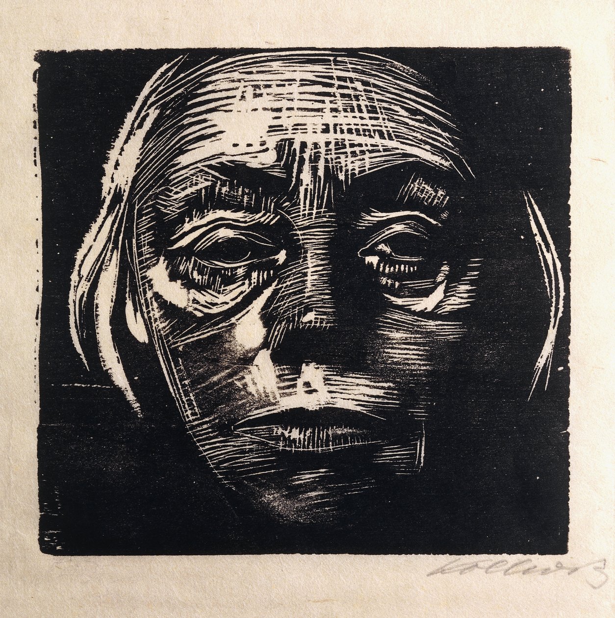självporträtt i hela ansiktet; Självporträtt från fronten, 1923 av Käthe Kollwitz