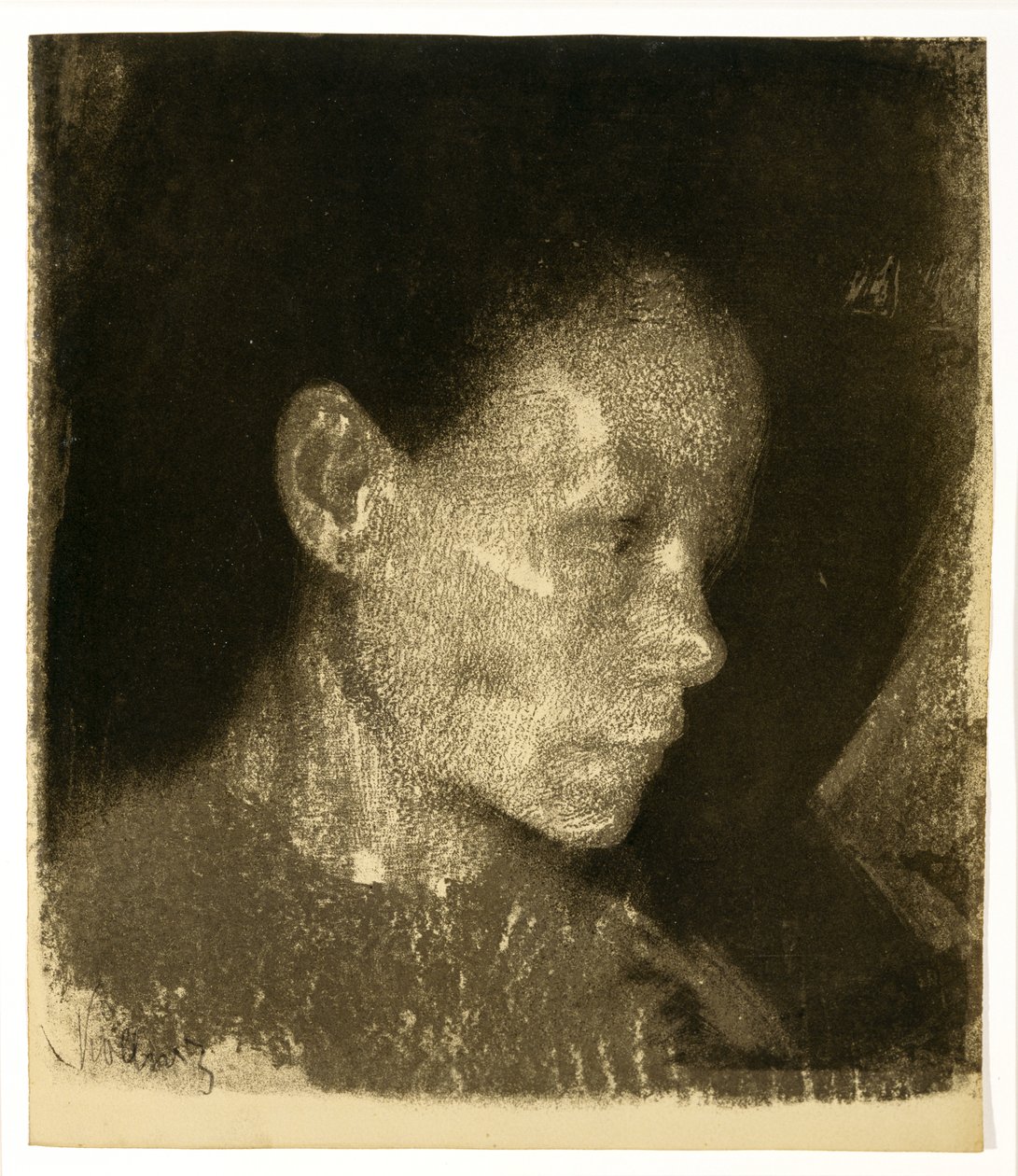 Chef för en arbetande kvinna i tre fjärdedels profil vänd till höger, 1905 (lito på brunt papper) av Käthe Kollwitz
