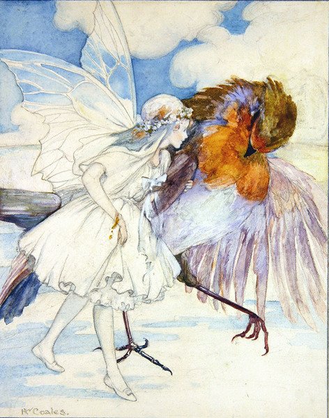 Cock Robin and the Flower Fairy (penna och akvarell på papper) av Kathleen Wallis Coales