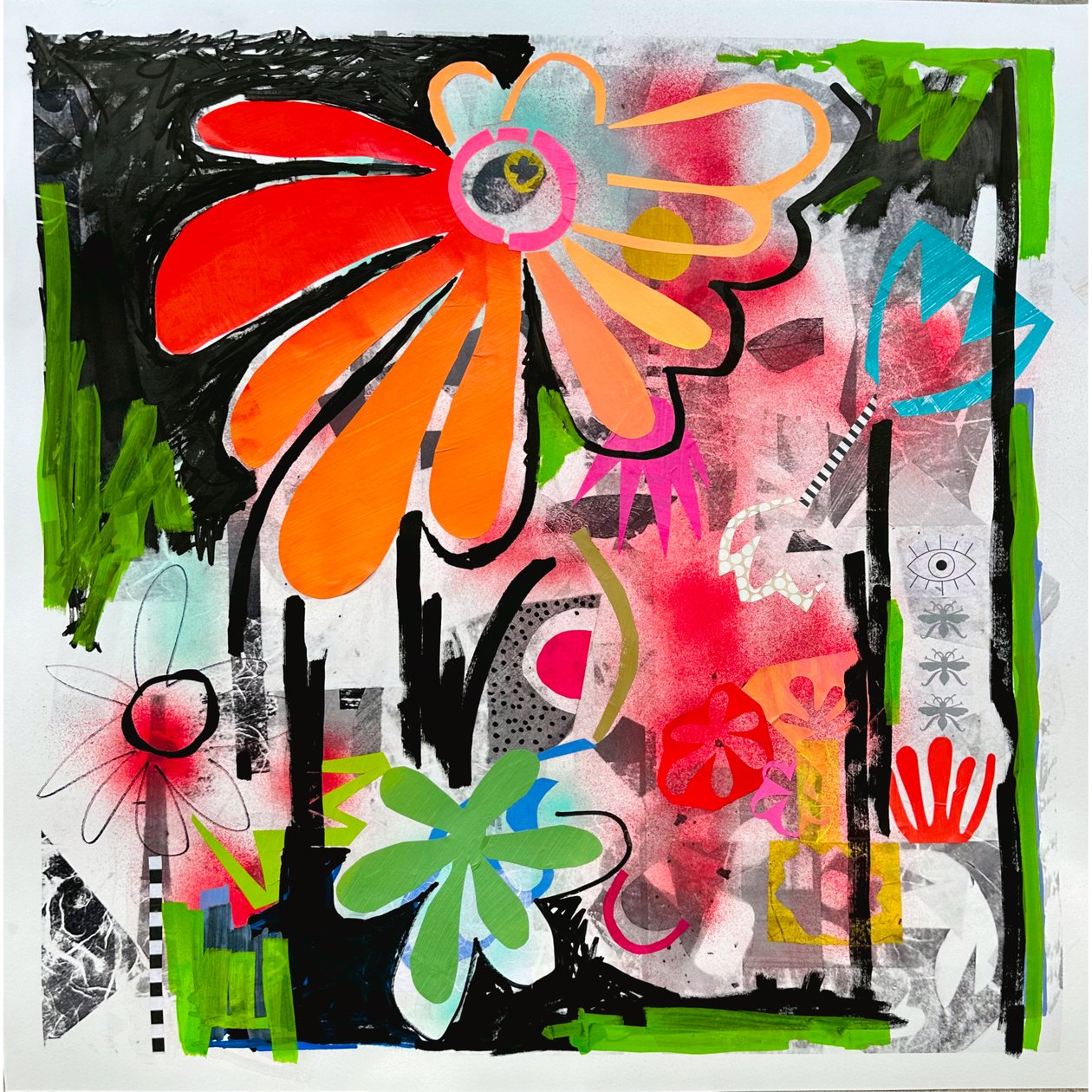 rebel bloom, 2025 (blandteknik på papper) av Kathy Dunaway