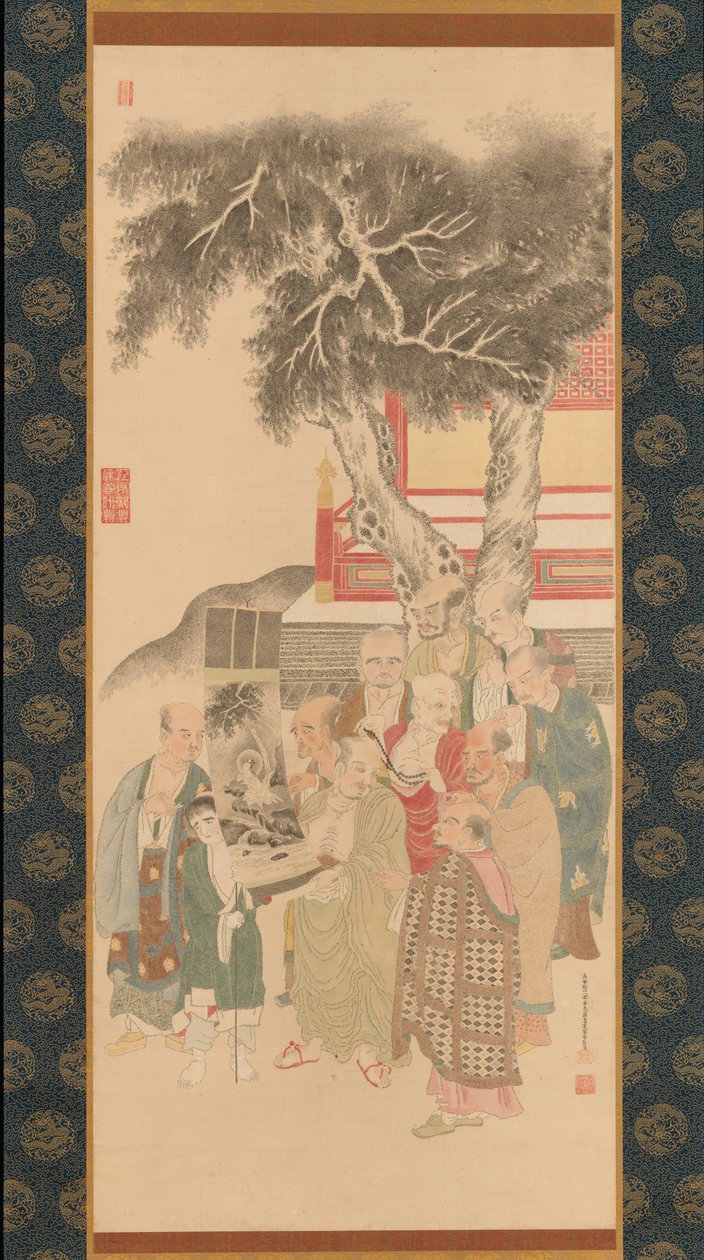 Ten Rakan undersöker en målning av vitklädda Kannon, 1792. av Kato Nobukiyo
