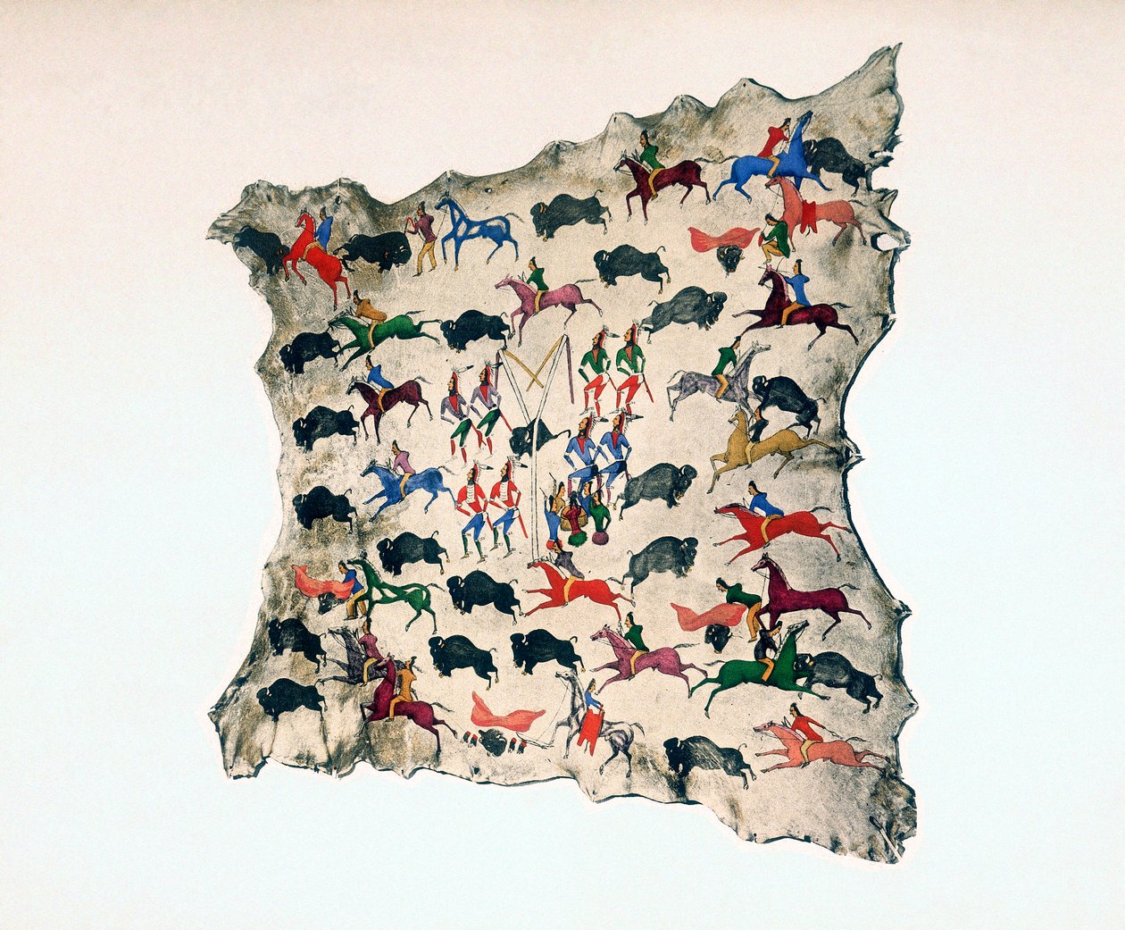 Älgskinn av North American Shoshone Indian, som visar buffeljakten, 1900-talet av Katsikodi