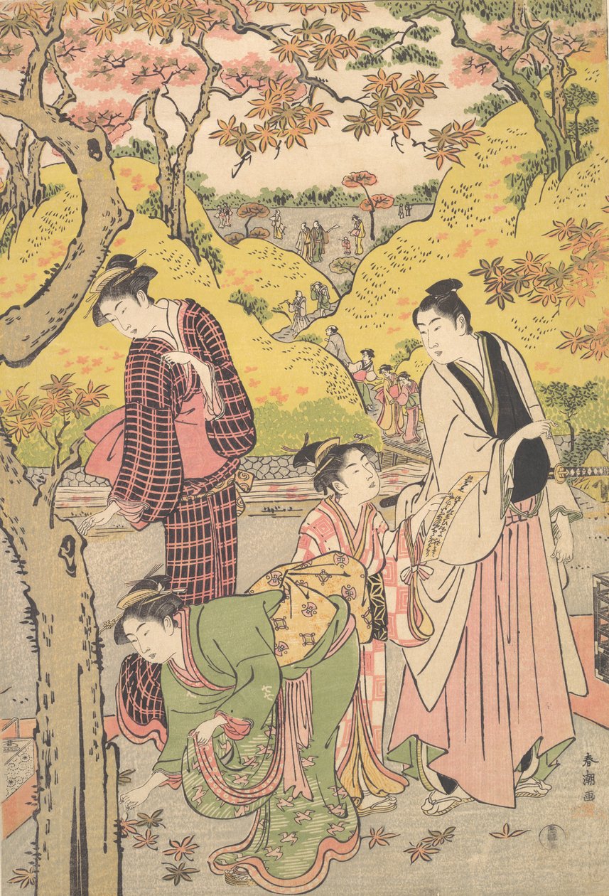 En ung man, två unga kvinnor och en flicka på en picknickfest, ca. 1789. av Katsukawa Shuncho