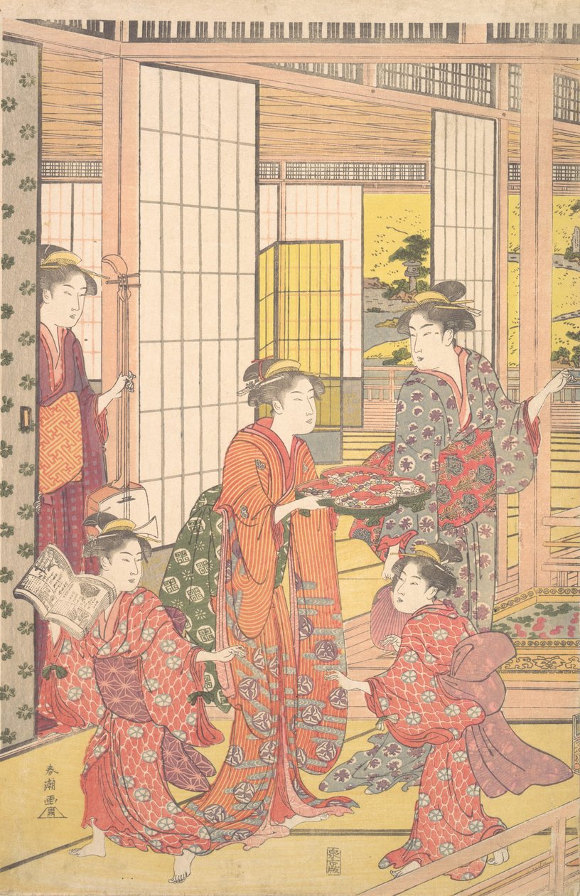 En ung kvinna med en bricka med sötsaker, 1780-1795. av Katsukawa Shuncho