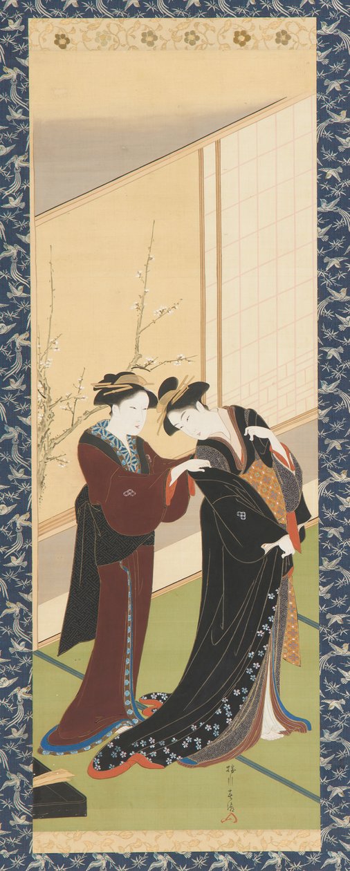 Interiör: en kvinna som hjälper en flicka att klä sig, Edo-perioden, 1726-1792. av Katsukawa Shuncho