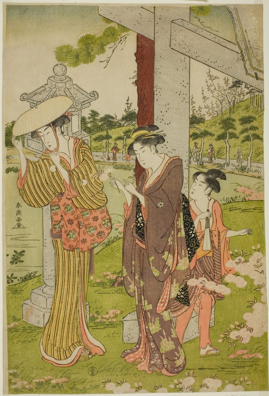 Plocka blommor vid Kumano Junisha Shrine i Tsunohazu av Katsukawa Shuncho