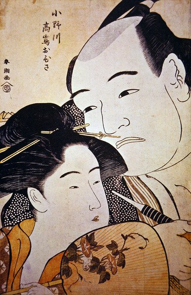 Den japanska brottaren Onagawa och tehusflickan Ohisa, c.1792 (träblockstryck) av Katsukawa Shuncho