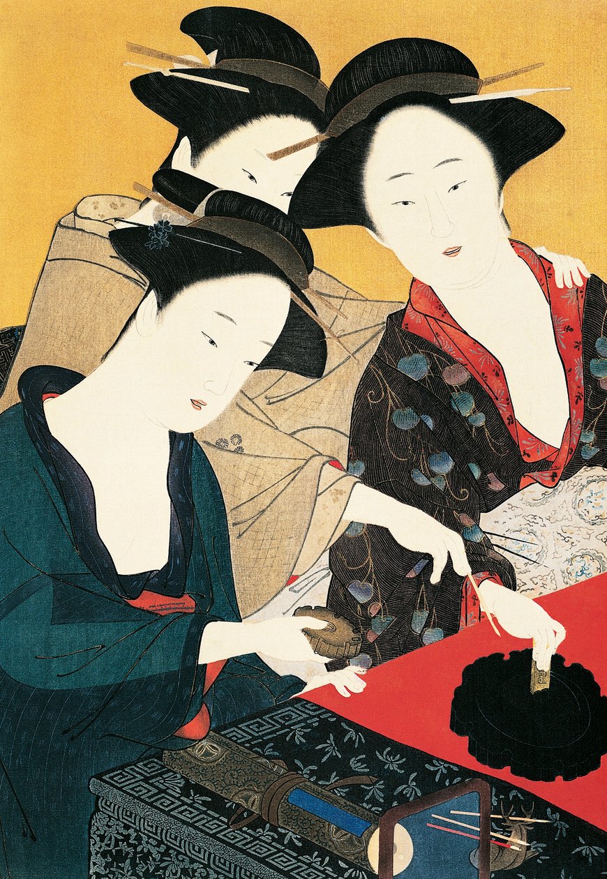 Tre kvinnor runt bläckfontän, konstnär från Katsukawa Shunsho-skolan (1726-1792), Japan, japansk civilisation av Katsukawa Shuncho