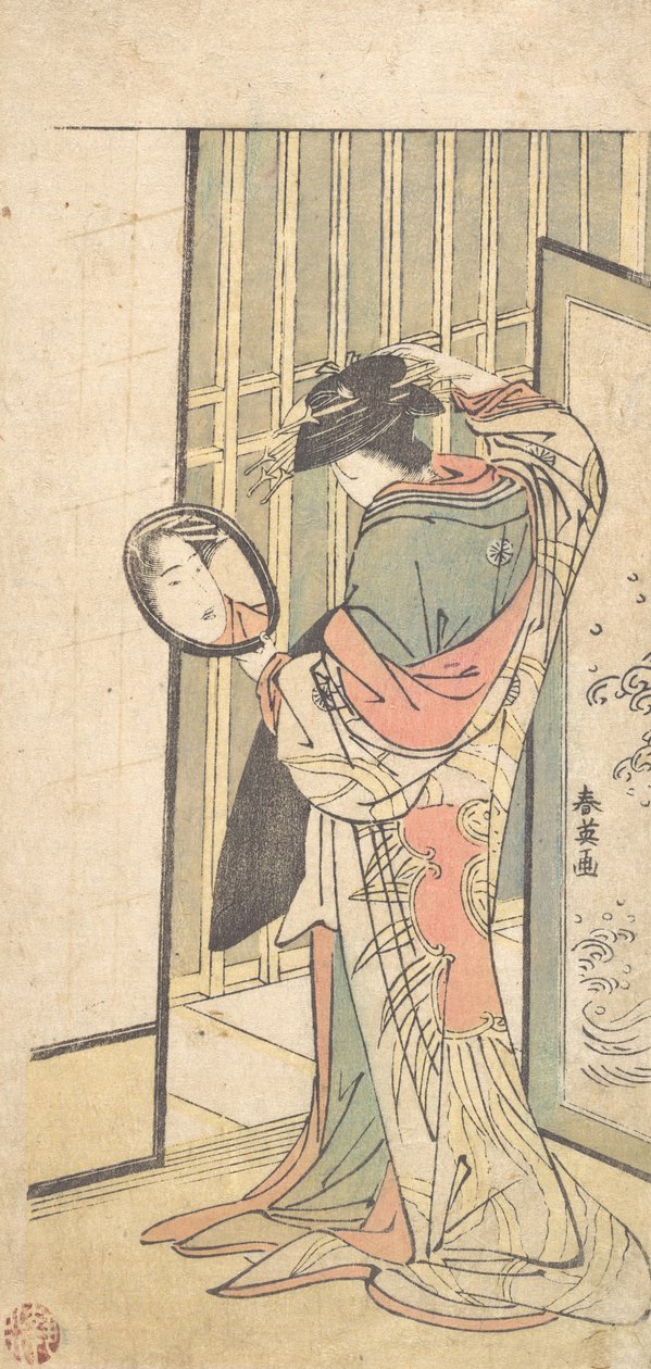 En kurtisan som tittar på sin reflektion i en handspegel, ca. 1787. av Katsukawa Shun