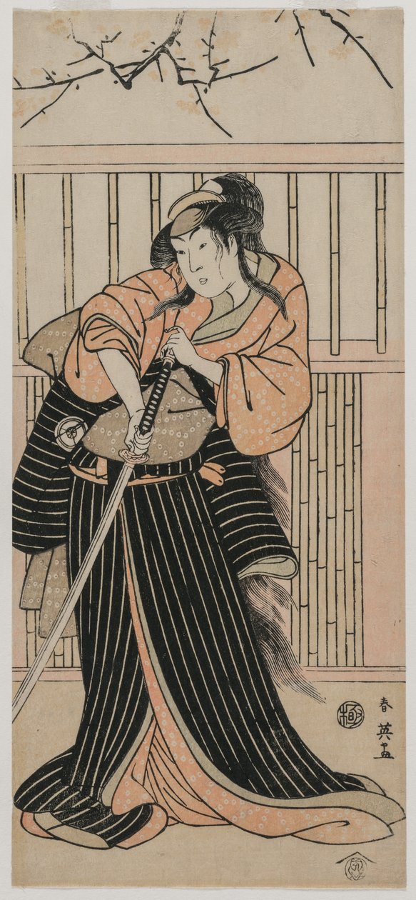 Skådespelaren Iwai Hanshiro IV som ung kvinna med ett svärd, 1791. av Katsukawa Shunei