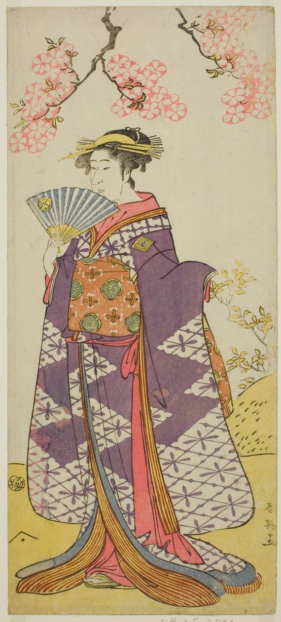 Skådespelaren Ichikawa Komazo II som Lady Shiragikus ande i pjäsen Hatsu Midori Saiwai Soga, uppförd på Kawarazaki-teatern under den tredje månaden 1791 av Katsukawa Shun