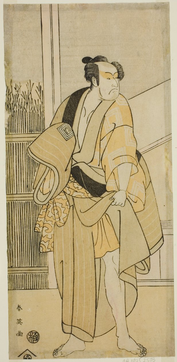 Skådespelaren Ichikawa Monnosuke II som Hiranoya Tokubei () i pjäsen Waka Murasaki Edokko Soga (), uppförd på Ichimura-teatern () under den tredje månaden 1792 () av Katsukawa Shun