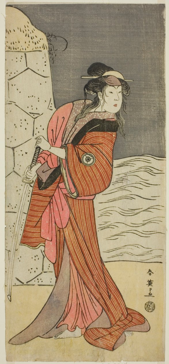Skådespelaren Iwai Hanshiro IV som Yaegushi no Oroku () i pjäsen Keisei Kogane no Hakarime (), uppförd på Kawarazaki Theater () under den tredje månaden 1792 () av Katsukawa Shun