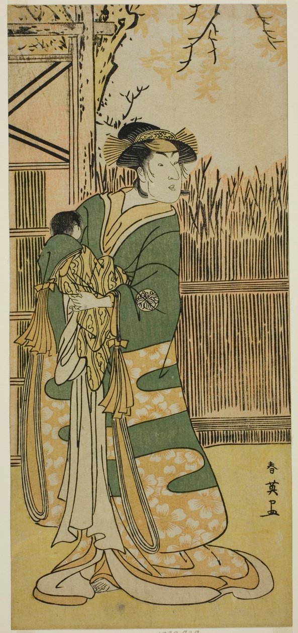 Skådespelaren Nakayama Tomisaburo I som Lady Tokiwa (Tokiwa Gozen) () i pjäsen Kimmenuki Genke no Kakutsuba (), uppförd på Ichimura-teatern () i den elfte månaden 1791 () av Katsukawa Shun