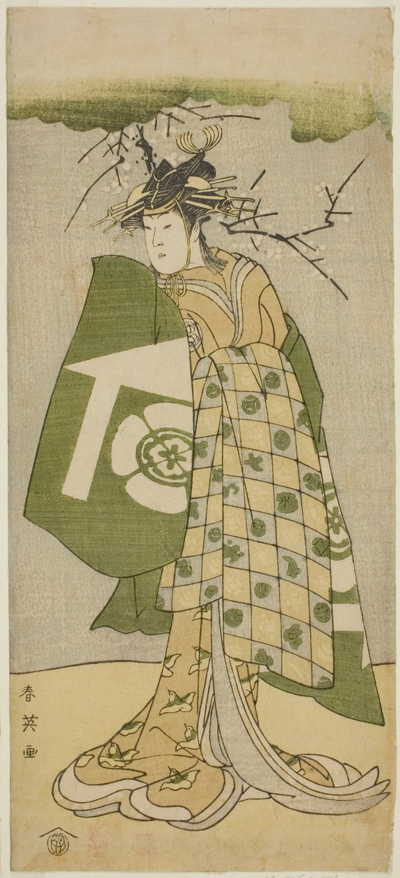 Skådespelaren Osagawa Tsuneyo II som Oiso no Tora i pjäsen Gohiiki no Hana Aikyo Soga, uppförd på Kawarazaki Theater under den första månaden 1794 av Katsukawa Shun