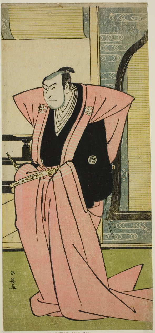Skådespelaren Otani Oniji III i en oidentifierad roll i pjäsen Yukimi-zuki Eiga Hachi no Ki (), uppförd på Nakamura Theater () i den elfte månaden 1787 () av Katsukawa Shun