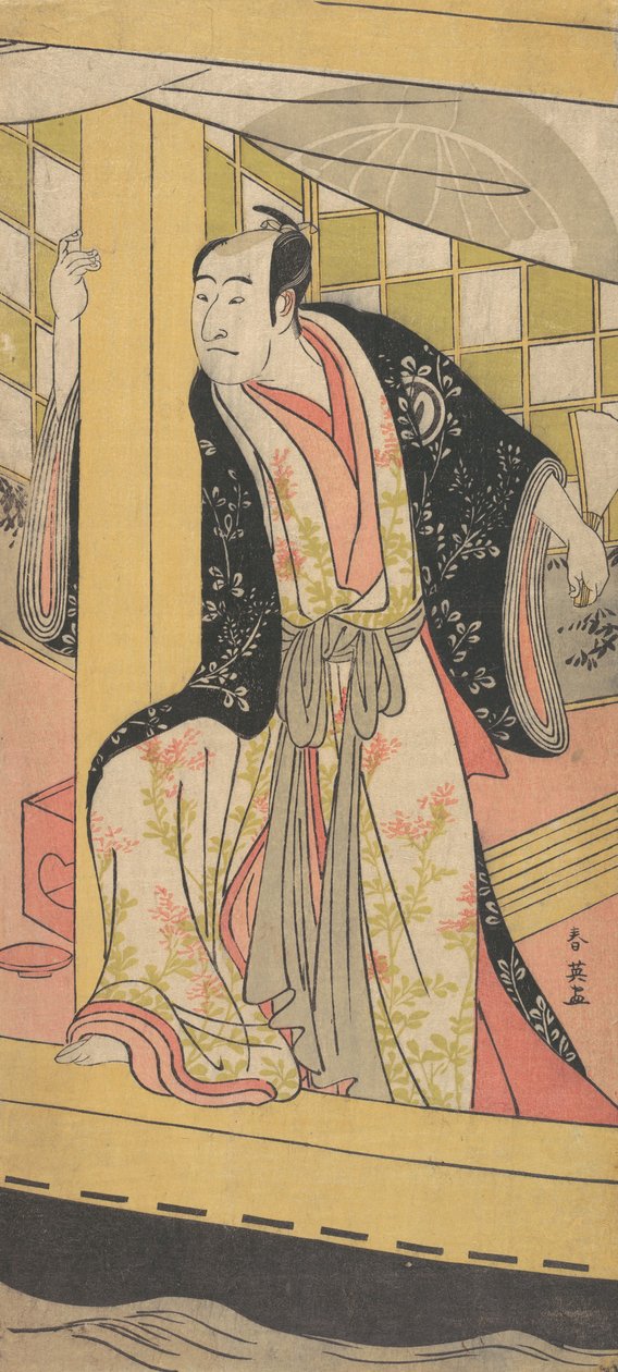 Skådespelaren Sawamura Sojuro 3:e som en man som står i en fritidsbåt, ca. 1790. av Katsukawa Shun