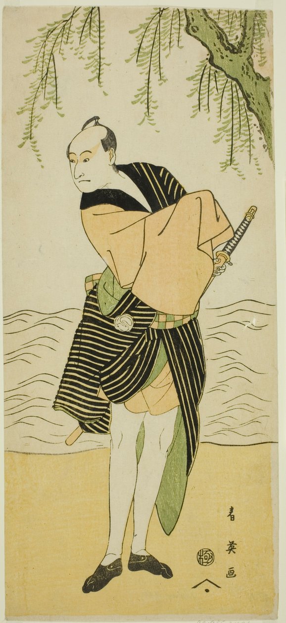 Skådespelaren Sawamura Sojuro III som Ume no Yoshihei i pjäsen Suda no Haru Geisha Katagi, uppförd på Kiri-teatern under den första månaden, 1796 av Katsukawa Shun