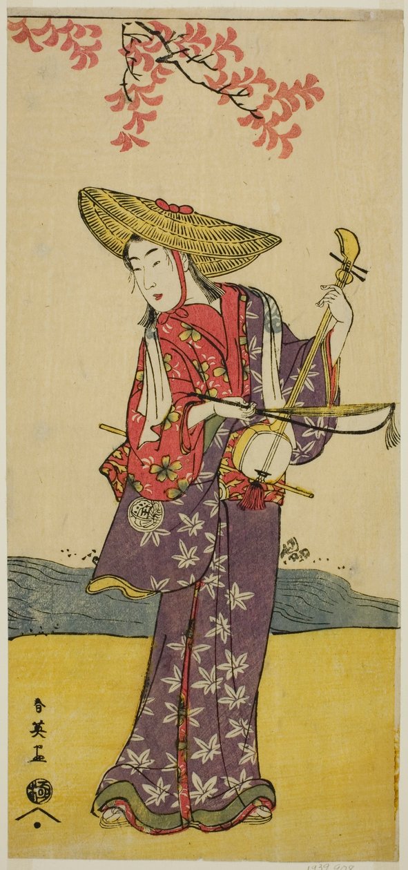 Skådespelaren Sawamura Tamagashira som promenerande musiker i pjäsen Dai Danna Kanjincho, uppförd på Kawarazaki-teatern i elfte månaden 1790 av Katsukawa Shun