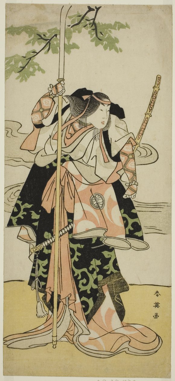 Skådespelaren Segawa Kikunojo III som Lady Tomoe (Tomoe Gozen) i pjäsen Yasa Gumbai Miyako no Jindori, uppförd på Miyako-teatern i den elfte månaden, ca 1793 (färgträsnitt; hosoban) av Katsukawa Shun