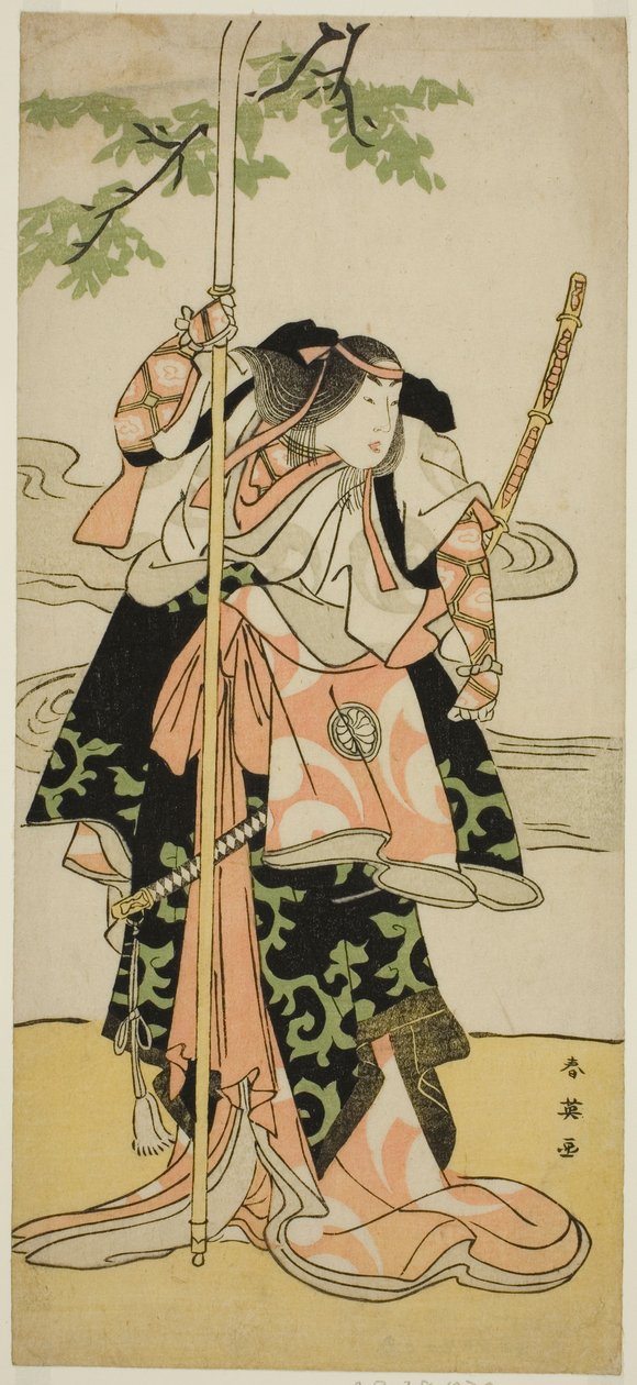 Skådespelaren Segawa Kikunojo III som Lady Tomoe (Tomoe Gozen) i pjäsen Yasa Gumbai Miyako no Jindori, uppförd på Miyako-teatern i den elfte månaden 1793 av Katsukawa Shun