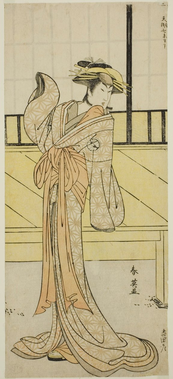 Skådespelaren Segawa Kikunojo III som Okaru i pjäsen Kanadehon Chushingura, uppförd på Morita-teatern under den åttonde månaden 1787 av Katsukawa Shun