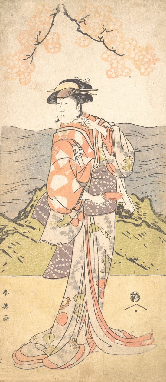 Den fjärde Iwai Hanshiro som en kvinna som står under ett körsbärsträd, ca. 1792 av Katsukawa Shun