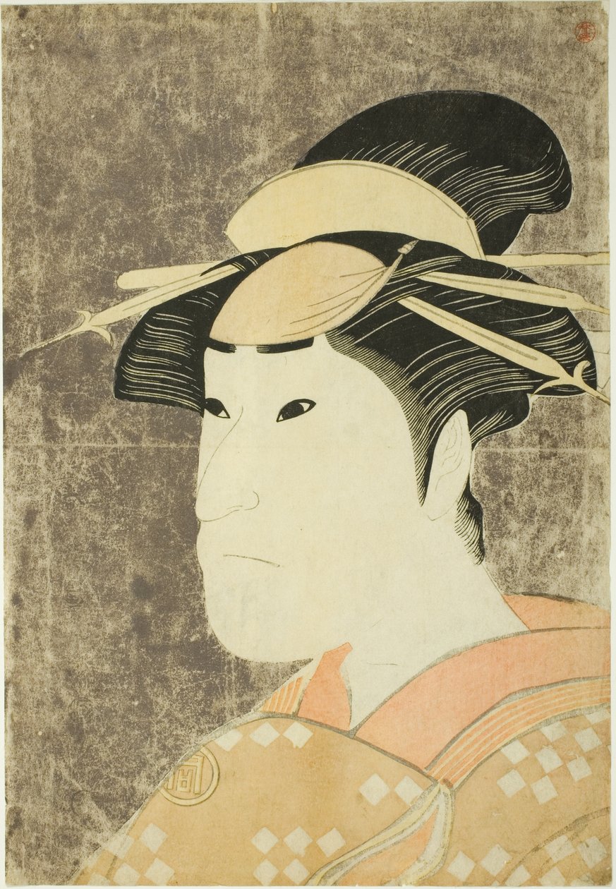 Skådespelaren Sanogawa Ichimatsu III som den Gion-prostituerade Onayo i pjäsen "Hana-ayame Bunroku Soga", uppförd på Miyako-teatern i den femte månaden 1794 av Katsukawa Shun