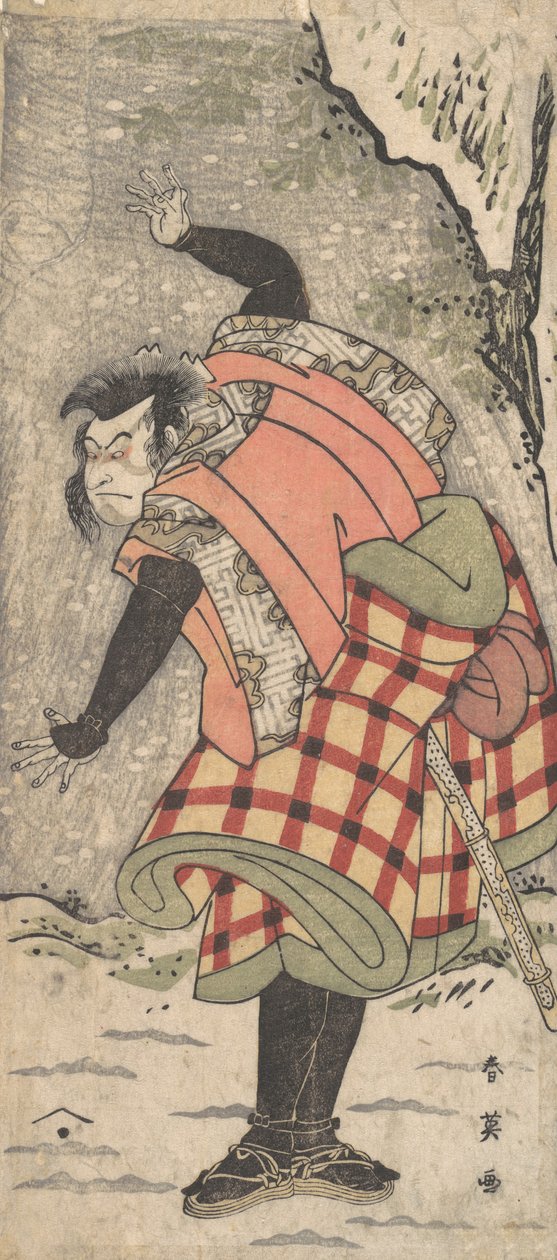 Oidentifierad skådespelare som en Kyokaku som står vid foten av en klippa i en snöstorm, ca. 1793. av Katsukawa Shun