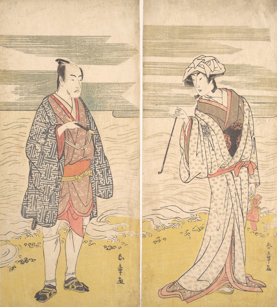 Två skådespelare: den fjärde Matsumoto Koshiro som en man klädd i en kort kimono [vänster], 1779. av Katsukawa Shunjo
