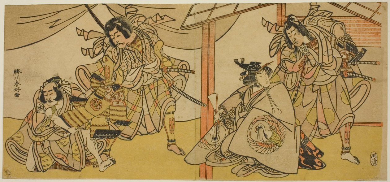 Höger sida: Skådespelarna Bando Hikosaburo III som Soga no Goro (höger), och Segawa Kikunojo IV som Onna Asahina (vänster), i pjäsen Ume-goyomi Akebono Soga; Vänster sida: Skådespelarna Onoe Matsusuke I som Furugori Shinzaemon (vänster), och Ichikawa Danju av Katsukawa Shunkо̄