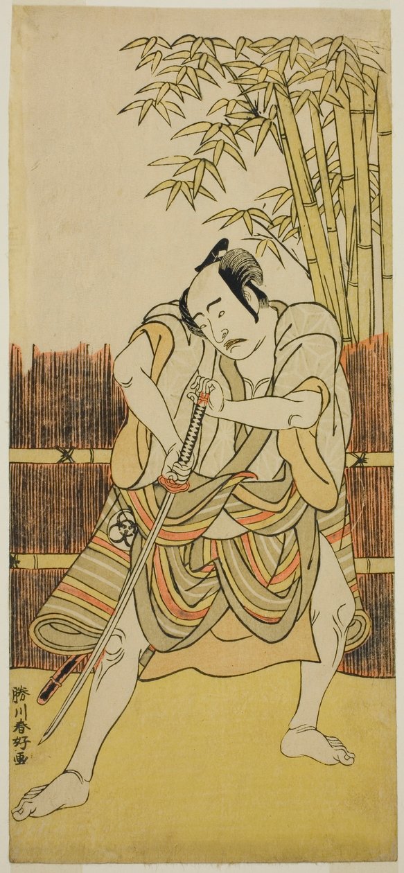 Skådespelaren Bando Mitsugoro I som Ogata no Saburo förklädd till Yoroya Takiemon i pjäsen Mure Takamatsu Yuki no Shirahata, uppförd på Ichimura-teatern i den elfte månaden 1780 av Katsukawa Shunkо̄