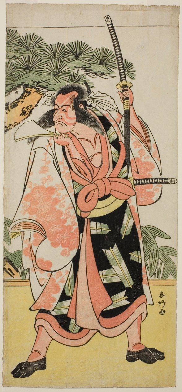 Skådespelaren Ichikawa Danjuro V som Kajiwara Genta Kagesue i pjäsen Yuki Nazuna Saiwai Soga, uppförd på Kiri-teatern under första månaden 1787 av Katsukawa Shunkо̄