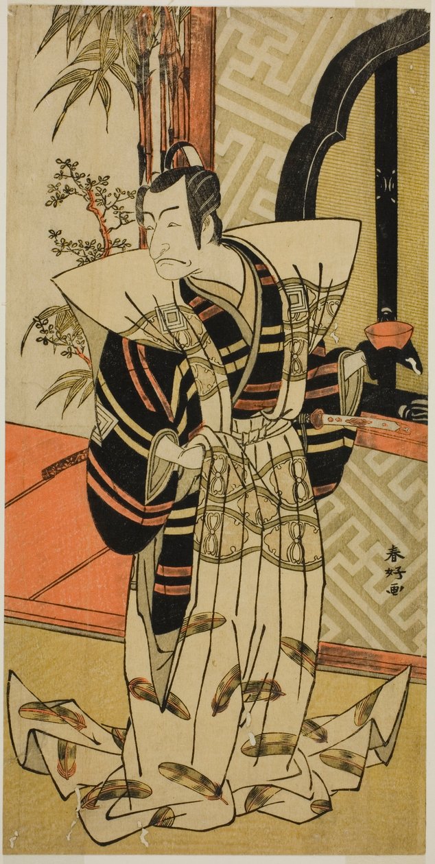 Skådespelaren Ichikawa Danjuro V som Kajiwara Heiji () i pjäsen Hiragana Seisuiki (), uppförd på Morita Theater () under den tredje månaden 1776 () av Katsukawa Shunkо̄