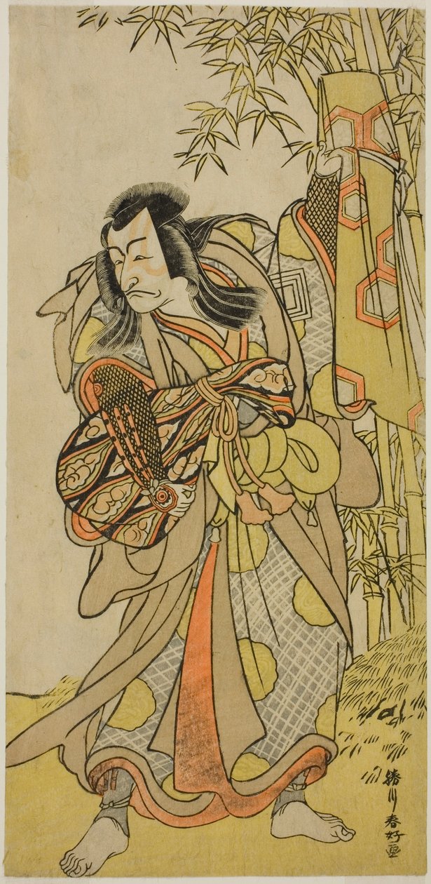 Skådespelaren Ichikawa Danjuro V som Kazusa no Akushichibyoe Kagekiyo förklädd till blind hovmusiker (Kengyo) i pjäsen Edo Meisho Midori Soga, uppförd på Morita-teatern under den fjärde månaden 1779 av Katsukawa Shunkо̄
